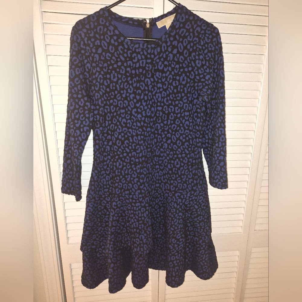Michael Kors Blue and Black Leopard-Spot Fit & Flare Dress